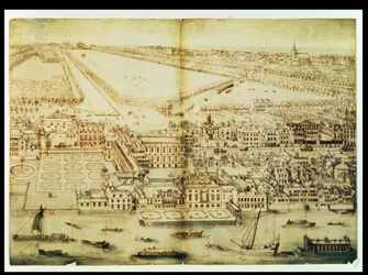 Vogelperspektive des Whitehall-Palastes, ca. 1695